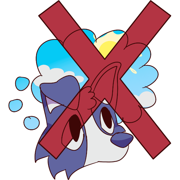 a thought bubble coming out of the head of a blue dog. the thought bubble has a blue sky and sun in it, and a red arrow points to the thought bubble. a giant red X is over the whole thing. 